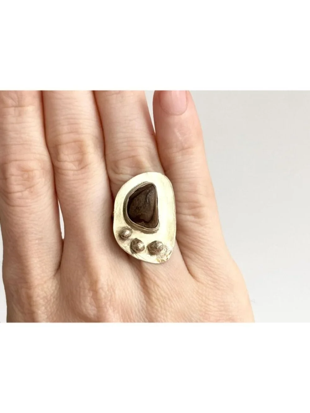 Modernist Freeform Brown Stone Beaded Sterling Silver 925 Vintage Ring - sz 5.25